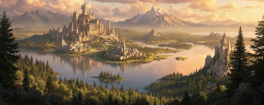 Majestic fantasy cityscape features sprawling castle complexes on islands in serene lake. Enchanted forests, distant snow-capped mountains, soft, golden sky create mystical, awe-inspiring atmosphere