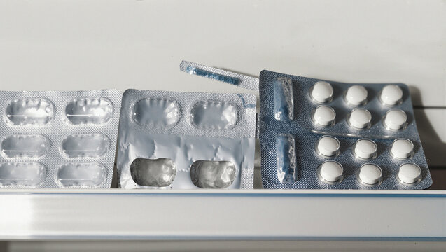 Blister packs with missing tablets and a used syringe on shelf   - Powered by Adobe