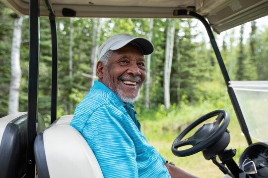 Smiling golfer in a cart