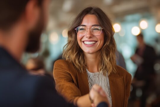Smiling young manager shakes hands with coworker
