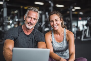 Sporty middle aged couple happily using a laptop on a mat at the gym