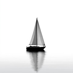 Fototapeta premium Sailboat glides serenely on calm water in minimalist monochrome landscape at dawn