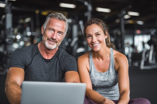Sporty middle aged couple happily using a laptop on a mat at the gym