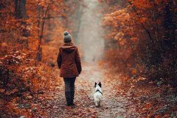 Fototapeta premium Strolling in the autumn woods a woman and her adorable dog