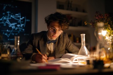 Student physicist studying for exam at home