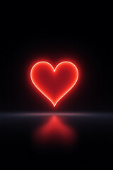 Bright red heart symbol glowing in darkness with a reflective surface creating a romantic ambiance