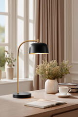Elegant black lamp illuminates a cozy workspace with floral decor and a warm atmosphere in a sunlit room