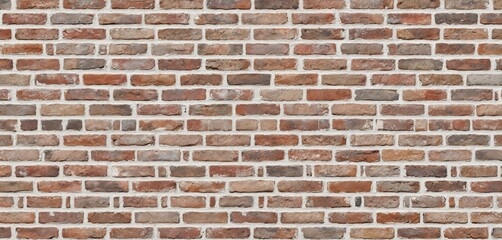Obraz premium Seamless pattern of classic brick wall with mixed red, brown, and grey bricks. Textured facade features visible mortar lines, creating authentic, rustic architectural background for design projects.