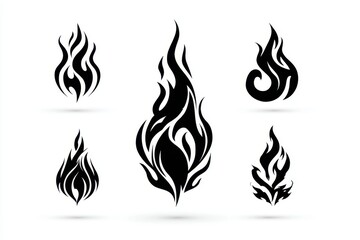 Different flames are silhouetted against a white background, five flame designs are isolated