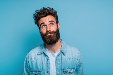 Fototapeta premium Pleasant Casual dressed young Caucasian man with a beard against a light blue backdrop Represents emotion beauty and fashion Space for advertisement