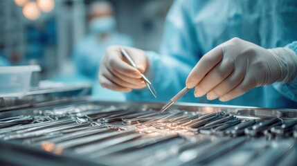 Surgeon examines implant during operation in a Hospital operating room with surgical instruments in foreground