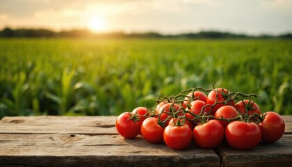 Ripe red tomatoes on vine rest on rustic wooden table. Soft sun glow illuminates rich green agricultural field background. Fresh organic harvest ready for summer salad, cooking ingredient.