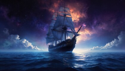 Majestic tall ship sails across deep blue ocean under dramatic starry night sky. Colorful clouds swirl above, illuminating the vessel. Maritime adventure, exploration, and freedom on the open sea.