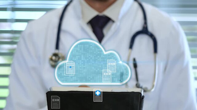 Doctor uploads patients medical records to cloud using tablet. Representing EHR, EMR, and digital health technology concept