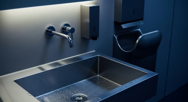 Modern Public Washroom Sink Area with Stainless Steel Fixtures Touchless Faucet and Automated
