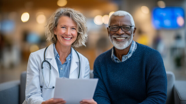 Professional female physician smiles reassuringly at senior male patient seated beside her, calm tones of the exam room and medical charts create a scene of care and trust