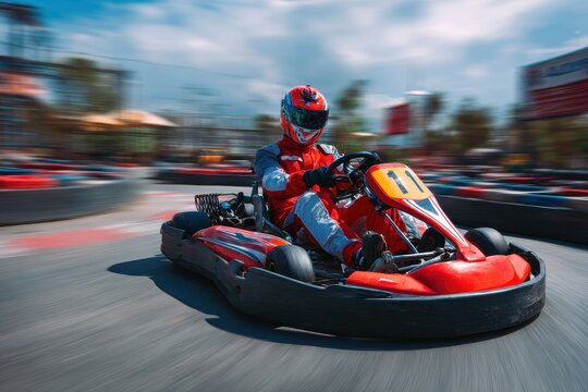 The young man races go karts on the track