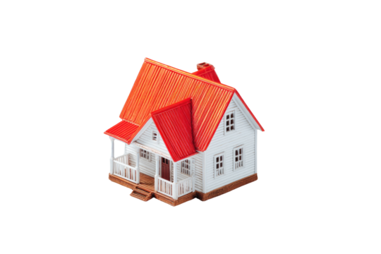 Miniature house model, with a red corrugated roof and white walls, sits centered on a black background.?Porch and small windows are visible