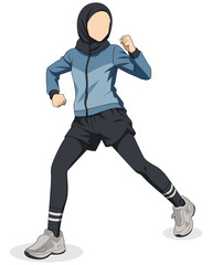Muslim women engaging fitness and athletic activities. Female wearing hijab doing workout and exercise. Flat vector illustrations arabic girl promoting healthy lifestyle. Lady in sporty blue outfit.
