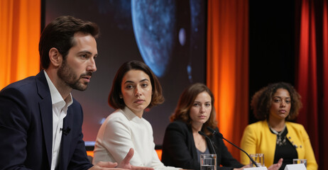Panelists at conference discuss space exploration. Four professionals engage in serious discussion, with backdrop displaying celestial bodies. Team communicates expertise, strategy, leadership during
