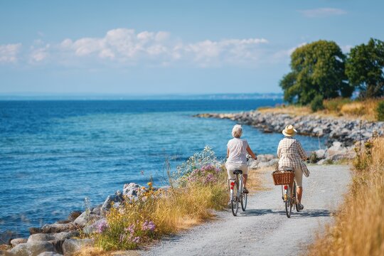Two women with bikes stroll along a seaside path on a sunny summer day Front view - Powered by Adobe