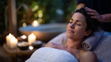 A moment of wellness and luxury as a woman reclines on massage table, hands gently massaging her scalp, candlelight glimmering on ceramic bowls and soft fabric textures