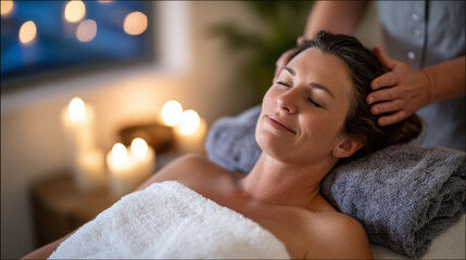 A moment of wellness and luxury as a woman reclines on massage table, hands gently massaging her scalp, candlelight glimmering on ceramic bowls and soft fabric textures