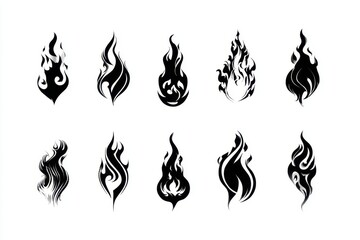 Different flames are silhouetted against a white background, five flame designs are isolated