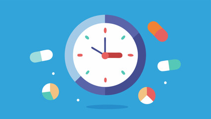Clock and Pills An illustration showing a clock with speeding hands and pills floating around it suggesting that cognitive enhancement pills can help with time efficiency and