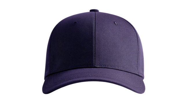 A deep indigo-purple baseball cap, front view, against a black background
