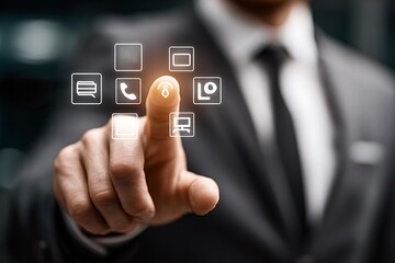 Businessman using futuristic interface with communication icons