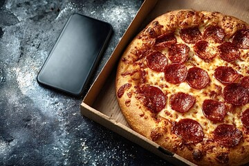 Delicious pepperoni pizza being ordered online using smartphone app