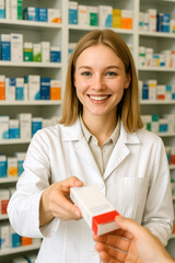 Young blond smiling woman pharmacist selling medications in the pharmacy store.Healthcare and medicine concept.