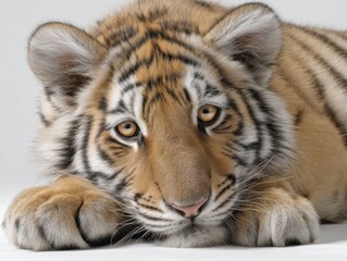 Fototapeta premium Vivid Photorealistic Bengal Tiger Cub Lying Down with Soft Features
