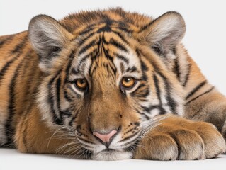 Obraz premium Vivid Photorealistic Bengal Tiger Cub Lying Down in Relaxed Pose