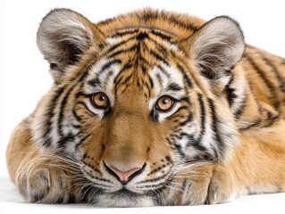 Obraz premium Vivid Photorealistic Bengal Tiger Cub Relaxing with Intense Gaze