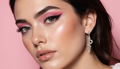 Close-up portrait of woman with vibrant pink eyeshadow, dramatic winged eyeliner. Face features flawless skin, glossy lips, striking contouring, accented by dazzling snake-shaped earring. Studio shot.
