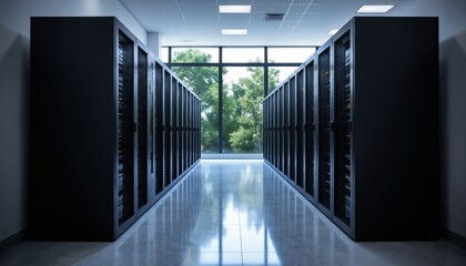 Modern data center interior with parallel rows of server racks under bright ceiling lights. Large windows behind servers reveal green trees, foliage. Clean, tiled floor reflects server lights,