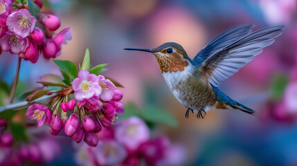 Obraz premium Brilliant hummingbird mid-flight with wings blurred, poised beside clusters of bright pink blossoms, gentle sunlight filtering through a vibrant garden background