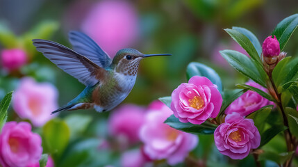 Fototapeta premium Hummingbird mid-hover, iridescent feathers glowing, delicately balanced as it feeds on deep pink blossoms against backdrop of lush green leaves