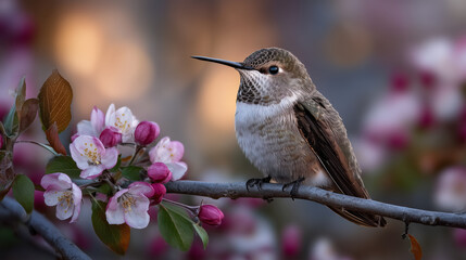 Obraz premium Graceful hummingbird perched momentarily on thin branch near cascading pink blossoms, shimmering feathers catching rays of golden sunlight