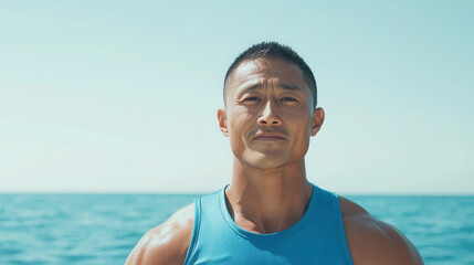 Determined man enjoying coastal stand up paddle adventure by the ocean
