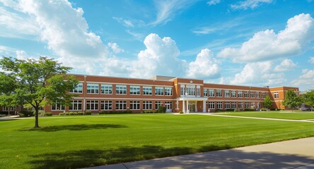 Classic Red Brick Building with Lush Green Lawn Under a Vibrant Blue Sky and Fluffy Clouds