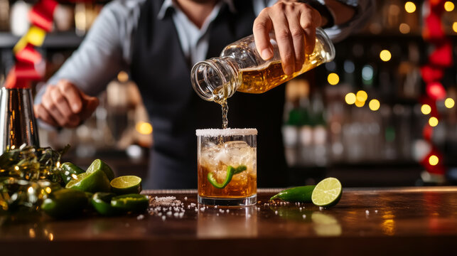 Bartender pouring tequila into salt rimmed shot glass at vibrant bar scene