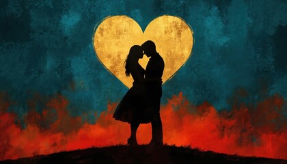 Silhouettes of couple embracing against large golden heart. Illustration love, romance, devotion. Tender moment shared between soulmates unity, lasting partnership. Textured background in teal, red