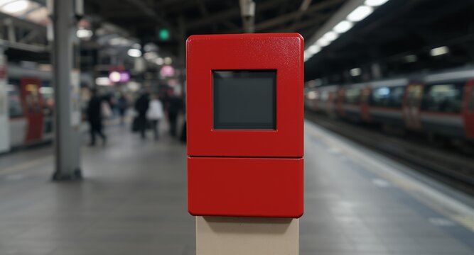 Red Digital Information Kiosk with Blank Screen at a Busy Public Transport Station Platform Ur - Powered by Adobe