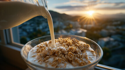 Close-up on hand pouring creamy milk with smooth stream into cereal bowl, sunset colors streaming through translucent glassware, enhancing warmth and tranquility of morning routine
