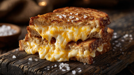 Gooey cheddar grilled cheese sandwich pulled apart, thick cheese strings connecting golden toasted bread halves, served on weathered wood plank with coarse salt sprinkled nearby
