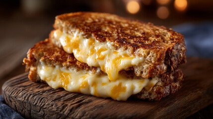 Juicy melted cheddar bursting from toasted sandwich center, crispy grilled crust with rich brown color, resting on a hand-carved wooden serving board, kitchen ambiance softly blurr
