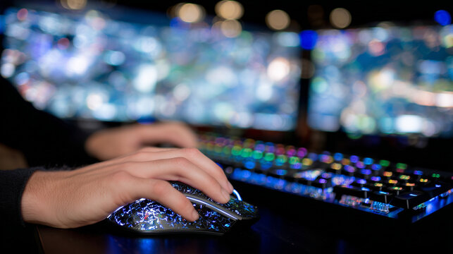 Gamerâs hand gripping illuminated RGB mouse, mechanical keyboard blurred behind, dark room with neon lighting - Powered by Adobe